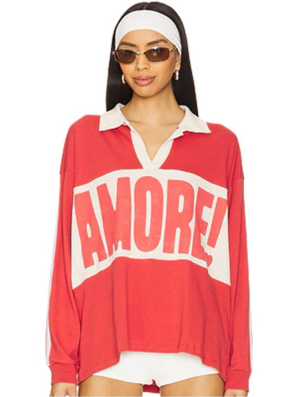 Amore Graphic Long-Sleeve Polo Top - Red